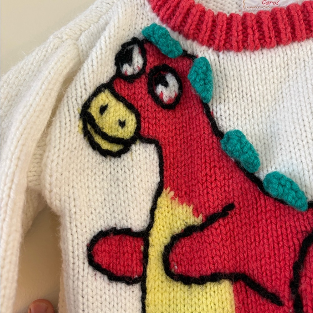 VINTAGE HAND KNIT Kids Dinosaur Sweater in Red and White Green approx 24/M 2T - Picture 3 of 7
